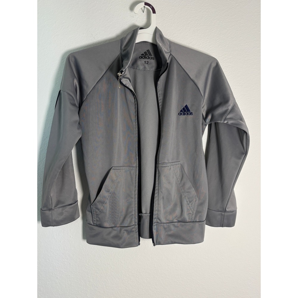 Adidas‎ Youth Grey Full Zip Track Jacket Navy 3-Stripe Size 12 Boys Girls Sport